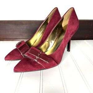 Nine West 7 Red Suede Leather 4” Holiday Formal Pumps Sexy Heels Bow Rhinestones